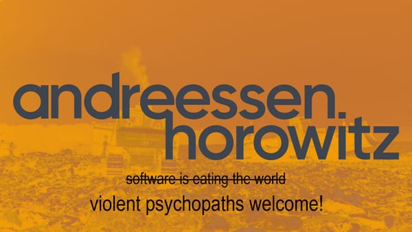 The Andreessen Horowitz wordmark overlaid atop an orange-shaded photo of a garbage dump.